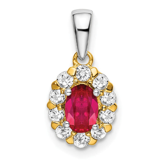 14k two tone gold oval ruby and real diamond halo pendant pm6990 ru 035 ywa