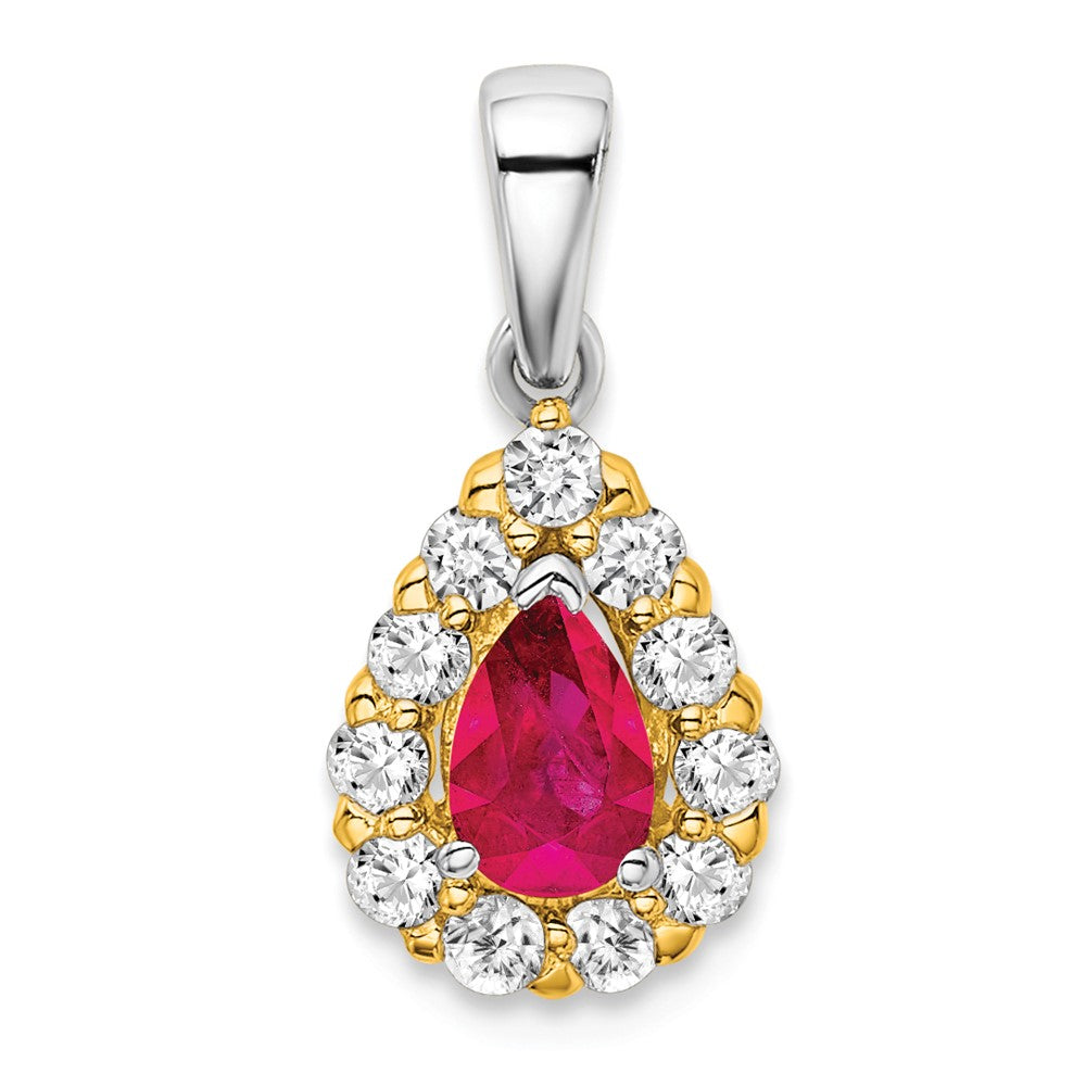 14k two tone gold pear ruby and real diamond halo pendant pm6991 ru 038 ywa