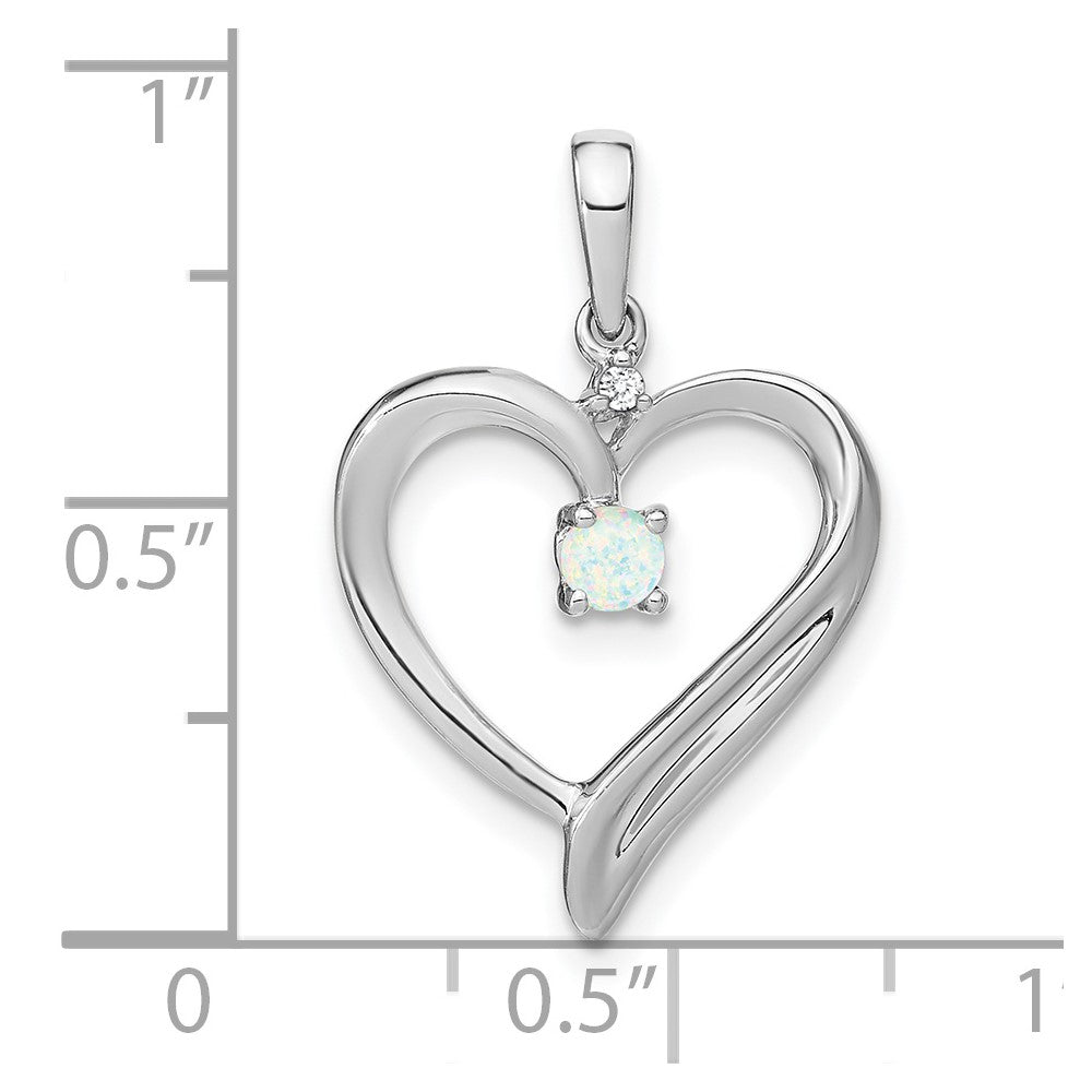 Solid 14k White Gold Created Simulated Opal and CZ Heart Pendant