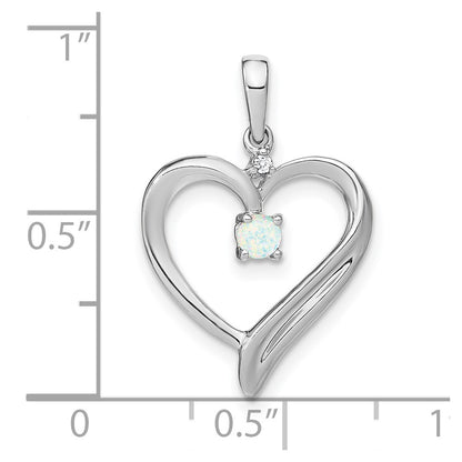 Solid 14k White Gold Created Simulated Opal and CZ Heart Pendant