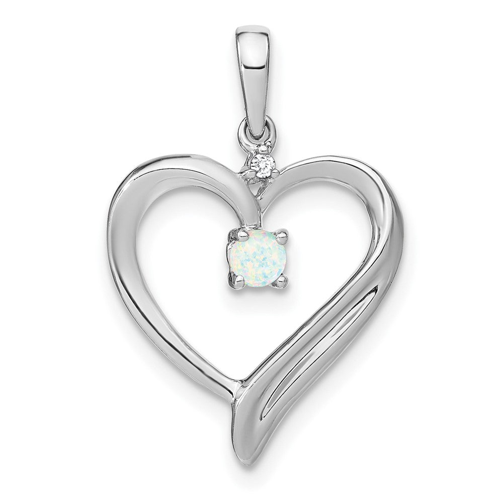 Solid 14k White Gold Created Simulated Opal and CZ Heart Pendant
