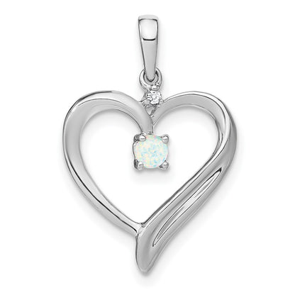 Solid 14k White Gold Created Simulated Opal and CZ Heart Pendant