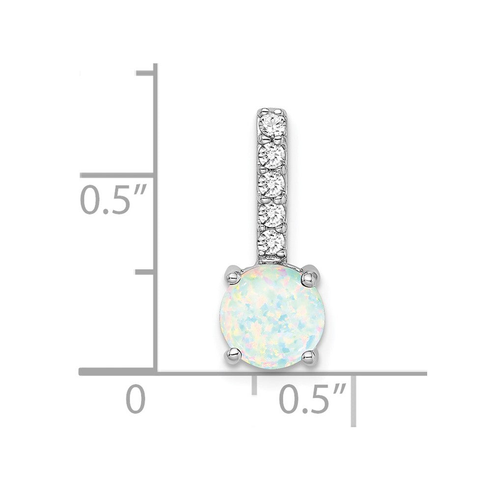 Solid 14k White Gold Round Created Simulated Opal and CZ Pendant
