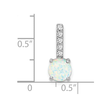 Solid 14k White Gold Round Created Simulated Opal and CZ Pendant