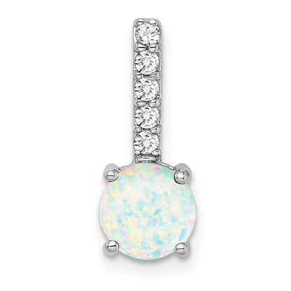 Solid 14k White Gold Round Created Simulated Opal and CZ Pendant