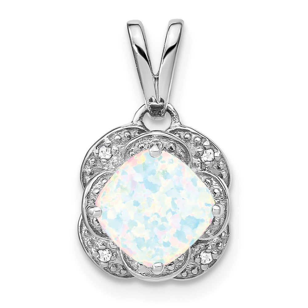 14k white gold cushion created opal and real diamond pendant pm7037 op 002 wa