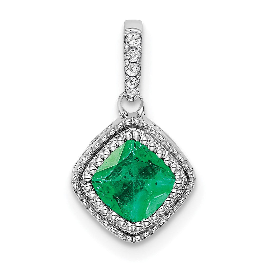 14k white gold cushion emerald and real diamond pendant pm7092 em 013 wa