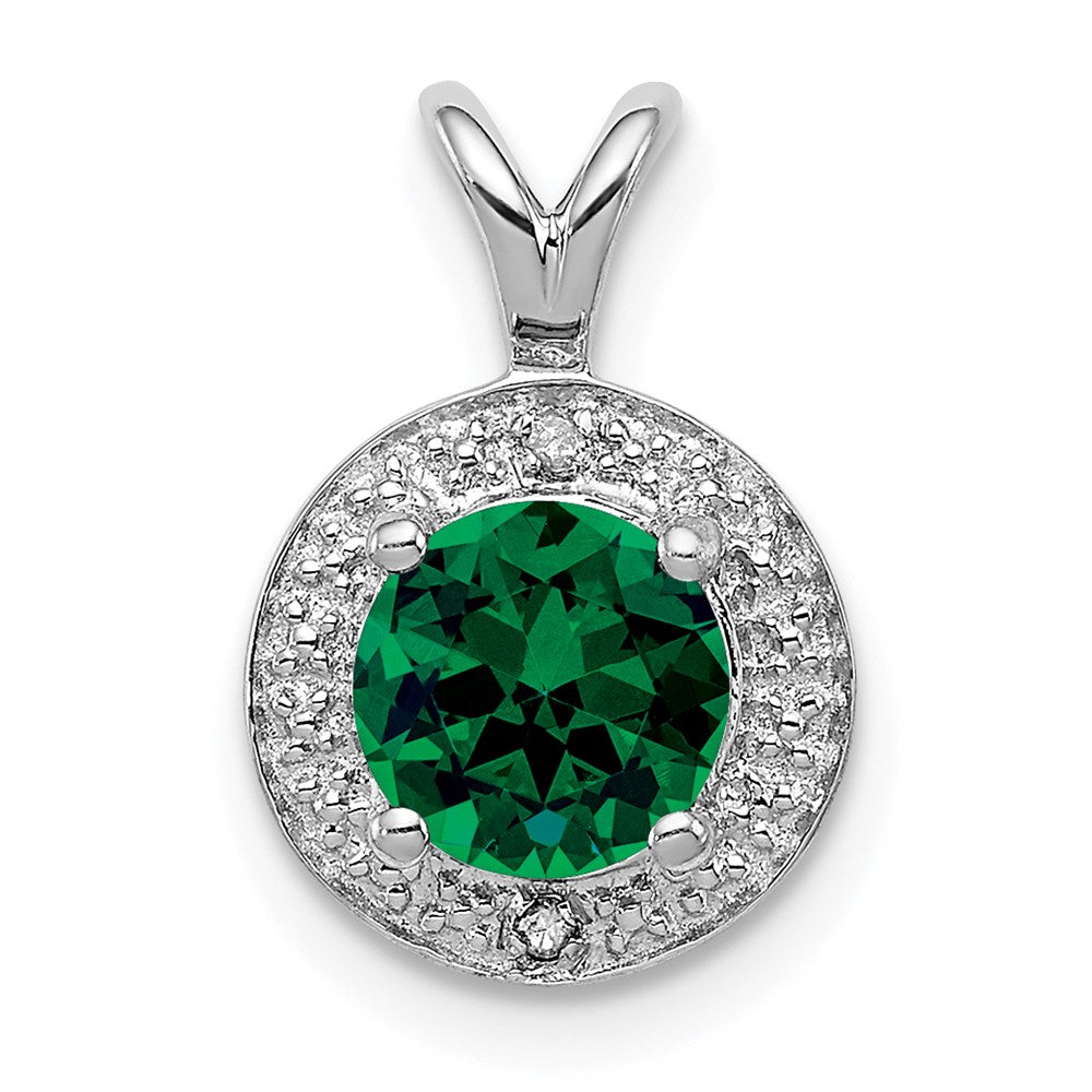 Sterling Silver Rhodium-plated Diamond u0026 Created Emerald Pendant
