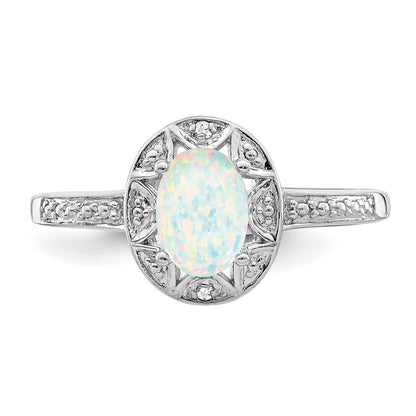 Sterling Silver Rhodium-plated Diamond u0026 Created Opal Ring