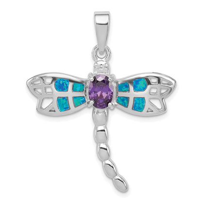 Sterling Silver Rhod plated Creat. Opal Dragonfly Amethyst Pendant