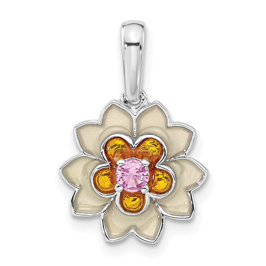 Sterling Silver Polished Enamel u0026 Created Pink Sapphire Flower Pendant