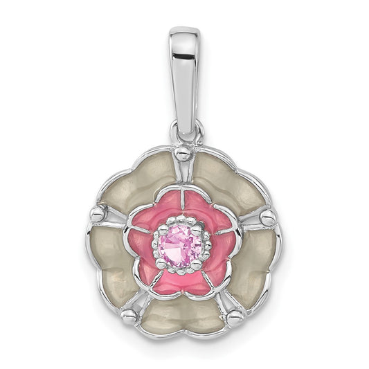 Sterling Silver Polished Enamel u0026 Created Pink Sapphire Flower Pendant