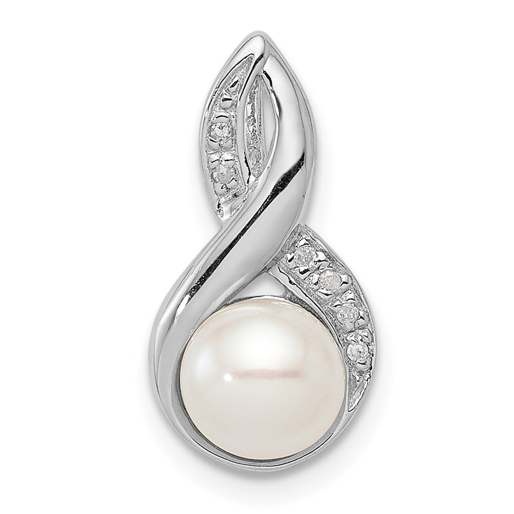 Sterling Silver Rhodium 6mm FW Cultured Pearl u0026 Diamond Chain Slide