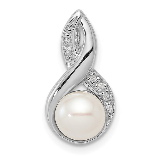 Sterling Silver Rhodium 6mm FW Cultured Pearl u0026 Diamond Chain Slide