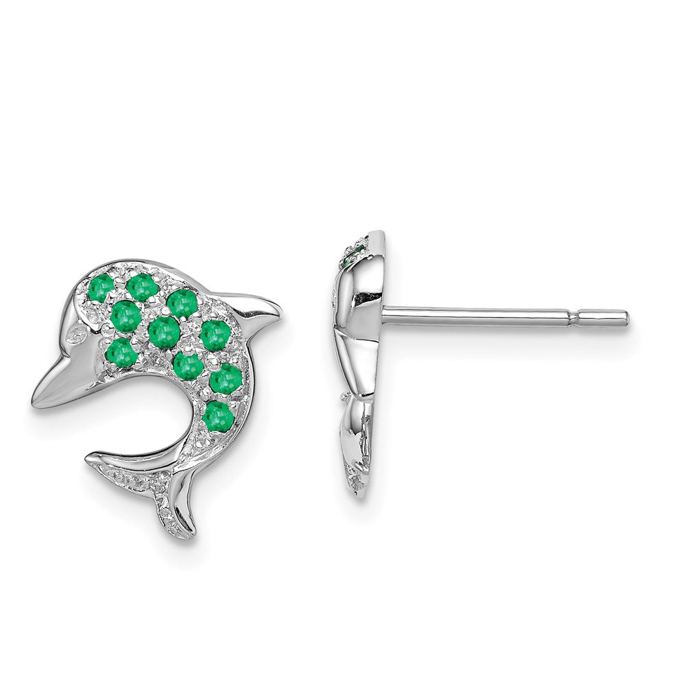 Sterling Silver Rhodium Emerald u0026 Diamond Dolphin Post Earrings