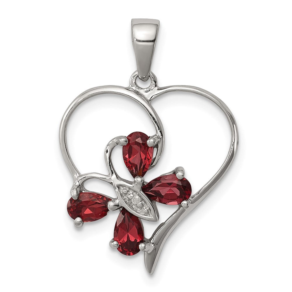 Sterling Silver Rhodium Garnet u0026 Diamond Butterfly Heart Pendant