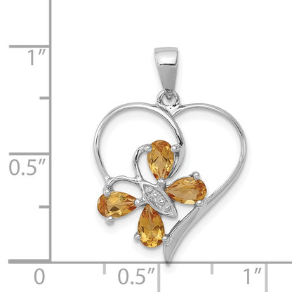 Sterling Silver Rhodium Citrine u0026 Diamond Butterfly Heart Pendant