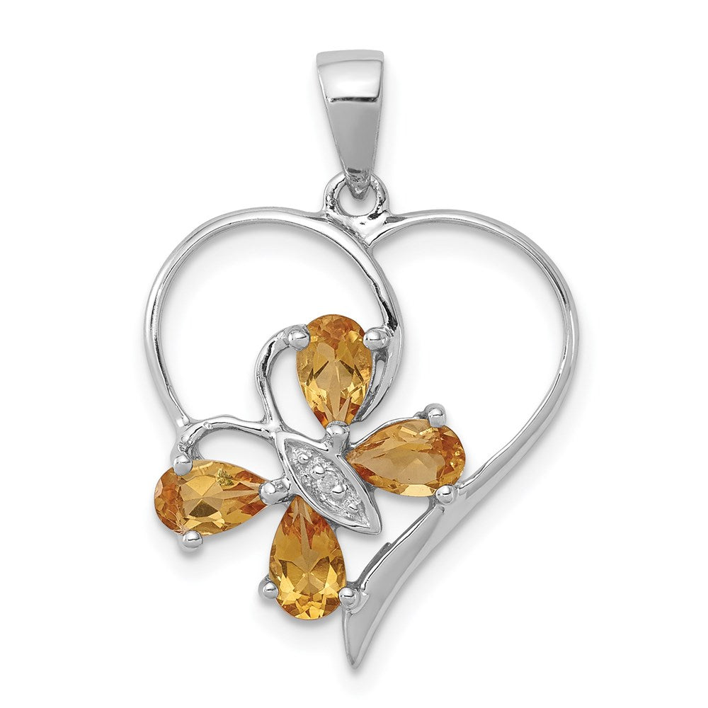 Sterling Silver Rhodium Citrine u0026 Diamond Butterfly Heart Pendant