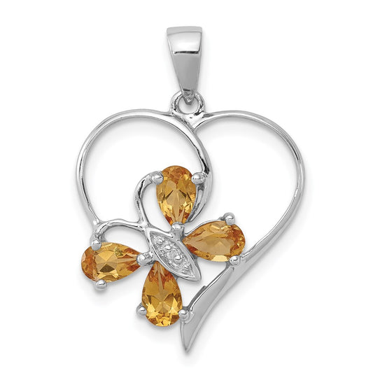 Sterling Silver Rhodium Citrine u0026 Diamond Butterfly Heart Pendant