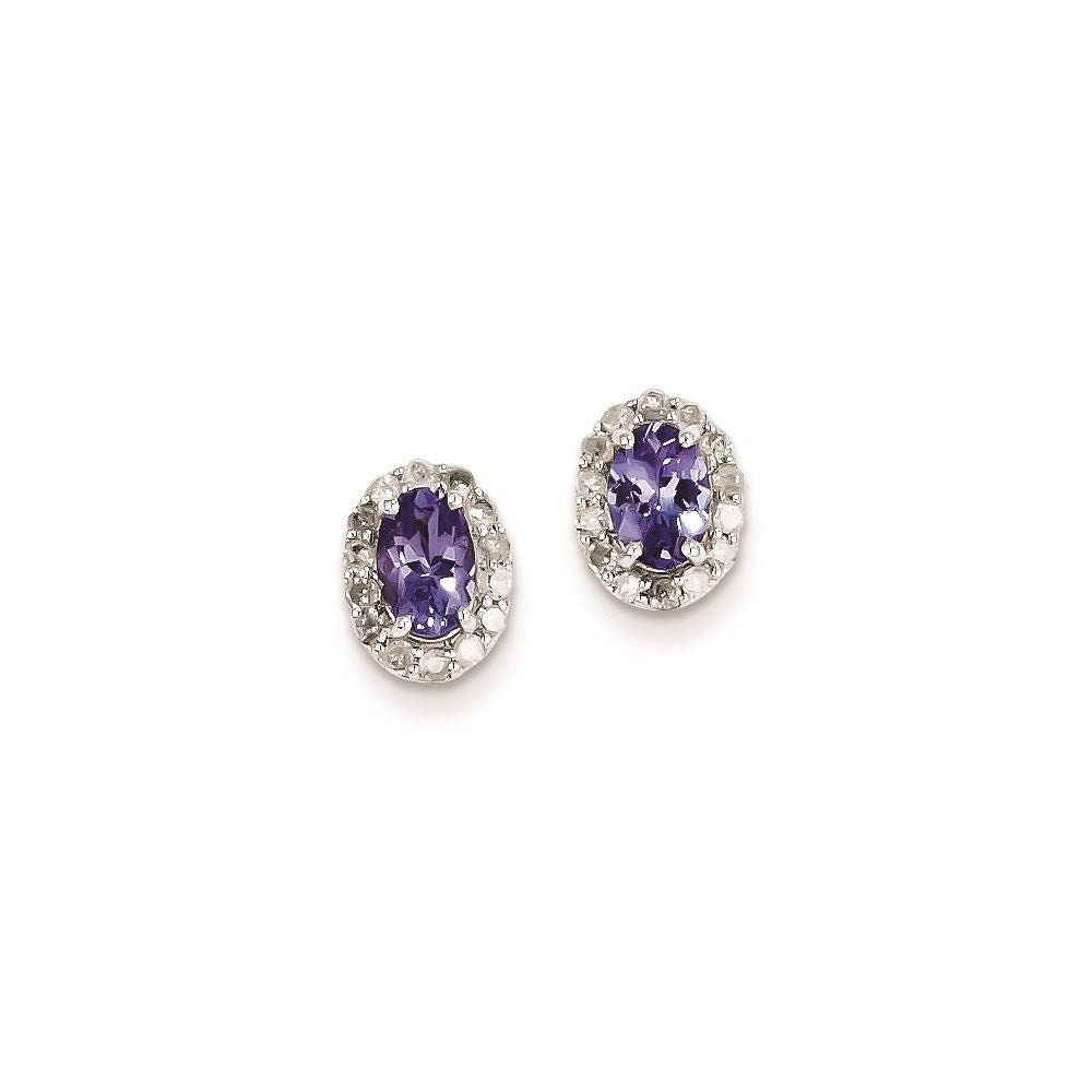 Sterling Silver Rhodium Plated Diamond u0026 Tanzanite Oval Post Earrings