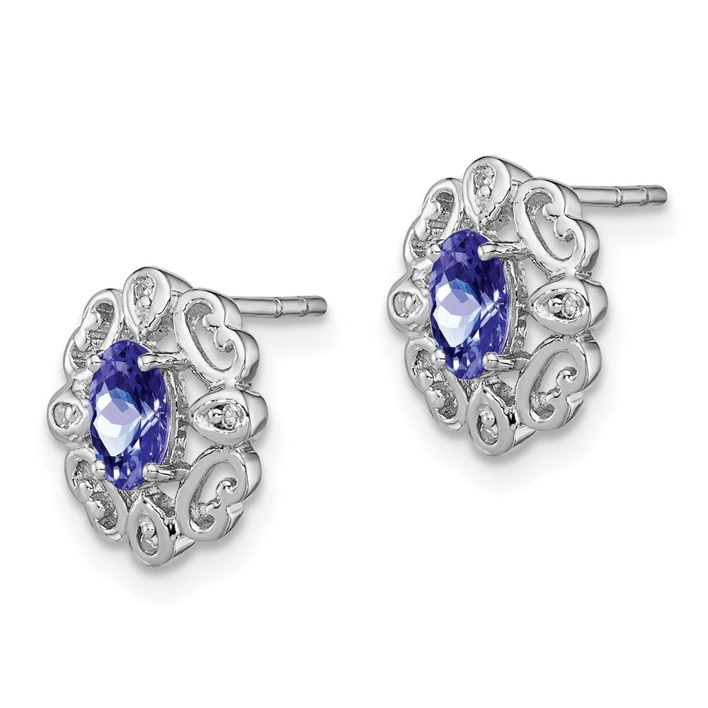 Sterling Silver Rhodium Plated Diamond Tanzanite Round Post Earrings