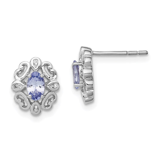 Sterling Silver Rhodium Plated Diamond Tanzanite Round Post Earrings