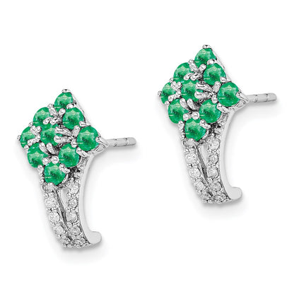 Sterling Silver Rhodium-plated Diamond u0026 Emerald Square Post Earrings