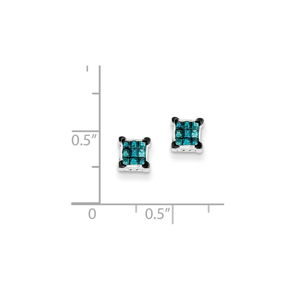 Sterling Silver Blue Princess Cut Diamond Post Earrings