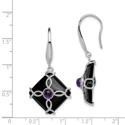 Sterling Silver Rhodium-plated w/Black Agate and Amethyst Earrings