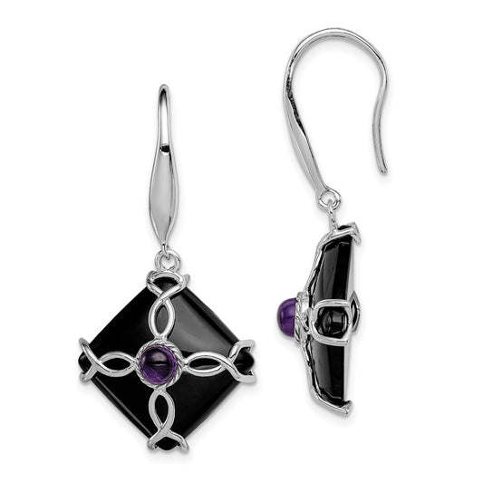 Sterling Silver Rhodium-plated w/Black Agate and Amethyst Earrings