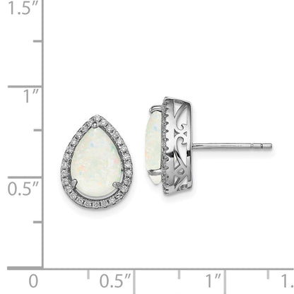 Sterling Silver Rhodium Polished Simulated Opal u0026 CZ Post Earrings