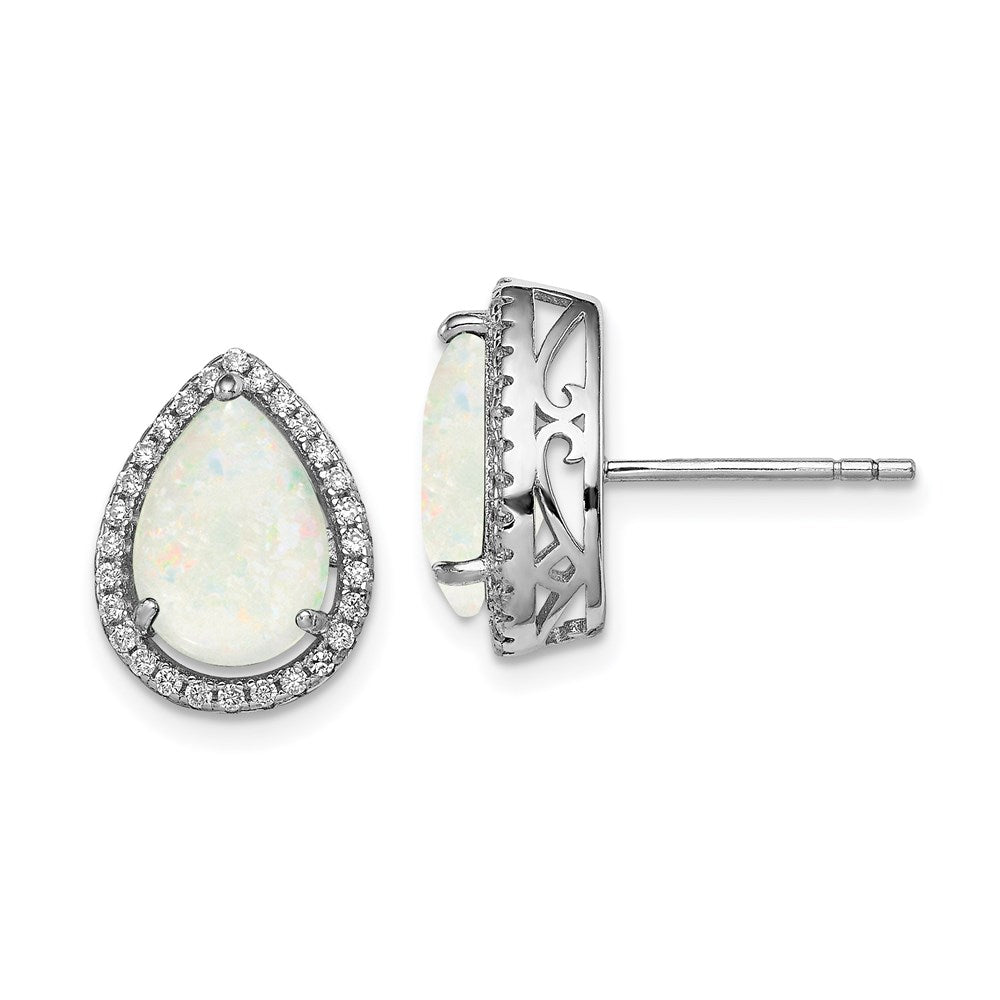 Sterling Silver Rhodium Polished Simulated Opal u0026 CZ Post Earrings