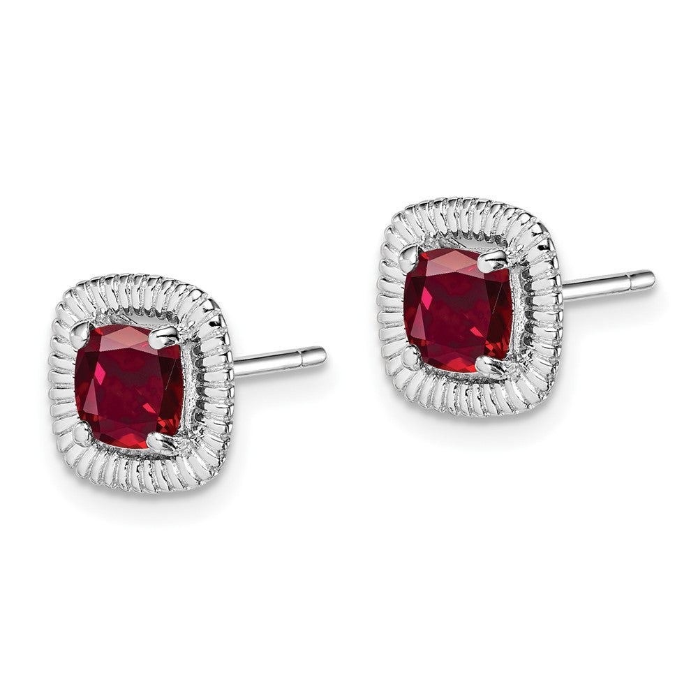 Sterling Silver Rhod-plat Created Ruby Square Post Earrings