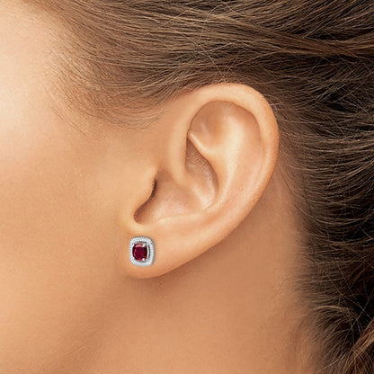 Sterling Silver Rhod-plat Created Ruby Square Post Earrings