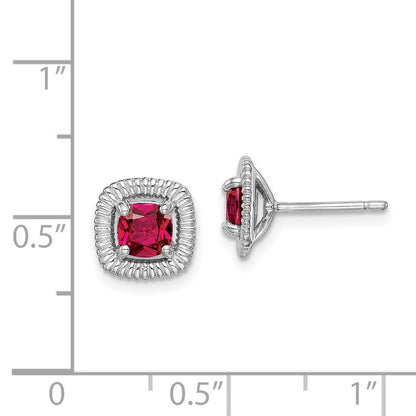 Sterling Silver Rhod-plat Created Ruby Square Post Earrings