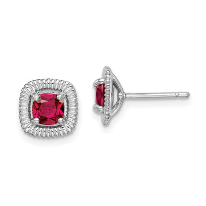Sterling Silver Rhod-plat Created Ruby Square Post Earrings