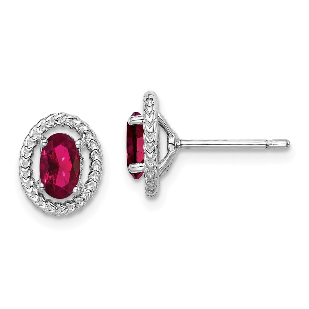 Sterling Silver Rhod-plat Created Ruby Oval Post Earrings
