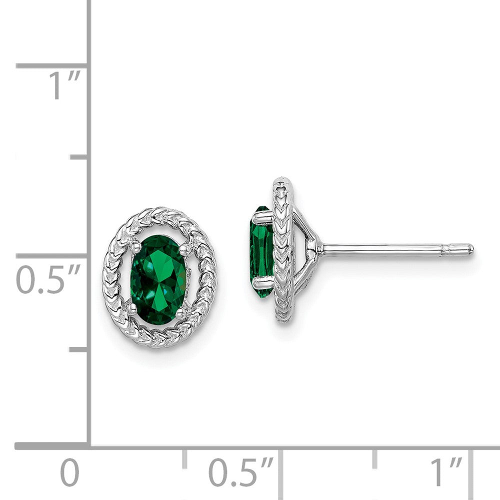 Sterling Silver Rhod-plat Created Emerald Oval Post Earrings