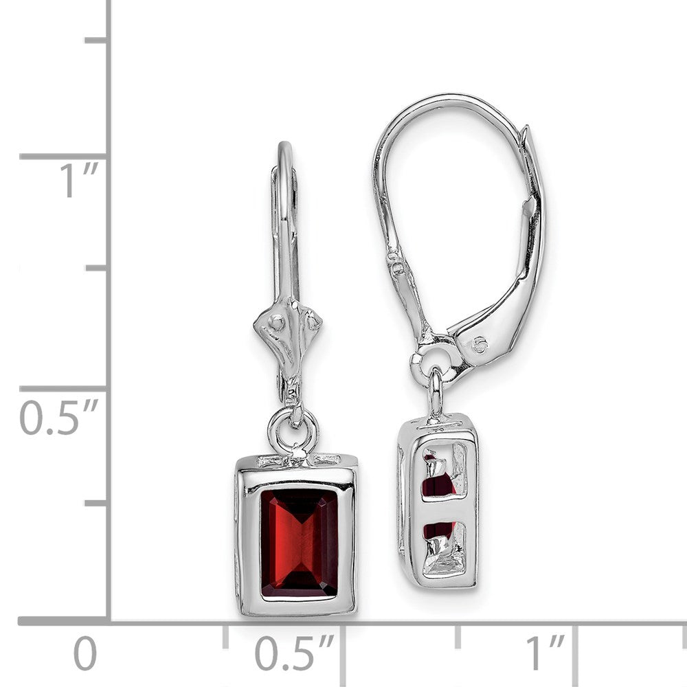 Sterling Silver Rhodium Plated 7x5 Emerald Cut Garnet Leverback Earrings