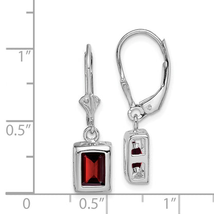 Sterling Silver Rhodium Plated 7x5 Emerald Cut Garnet Leverback Earrings