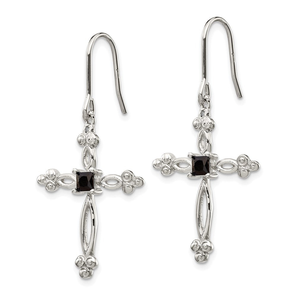 Sterling Silver Rhodium-plated Polished Diamond Accent u0026 Black CZ Budded Cross Dangle Earrings