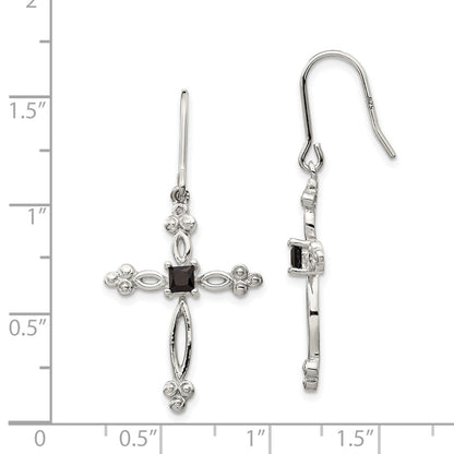 Sterling Silver Rhodium-plated Polished Diamond Accent u0026 Black CZ Budded Cross Dangle Earrings