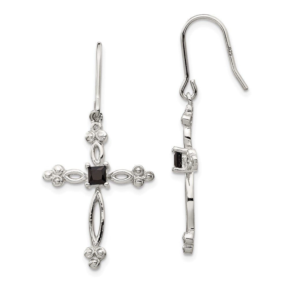 Sterling Silver Rhodium-plated Polished Diamond Accent u0026 Black CZ Budded Cross Dangle Earrings
