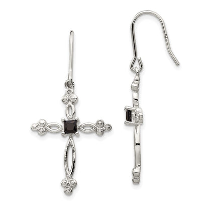 Sterling Silver Rhodium-plated Polished Diamond Accent u0026 Black CZ Budded Cross Dangle Earrings