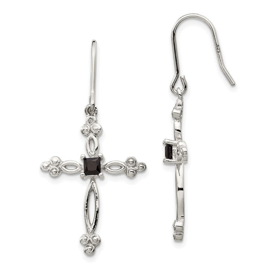 Sterling Silver Rhodium-plated Polished Diamond Accent u0026 Black CZ Budded Cross Dangle Earrings