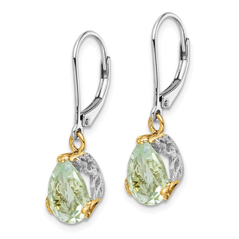 Brilliant Gemstones Sterling Silver with 14K Accent Rhodium-plated Green Quartz Leverback Earrings