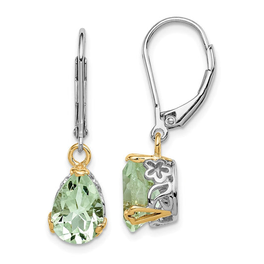Brilliant Gemstones Sterling Silver with 14K Accent Rhodium-plated Green Quartz Leverback Earrings