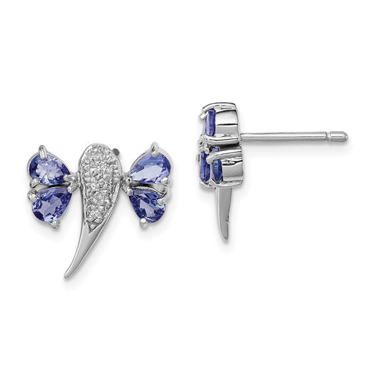 Sterling Silver Rhodium Plated Diamond/Tanzanite Dragonfly Earrings