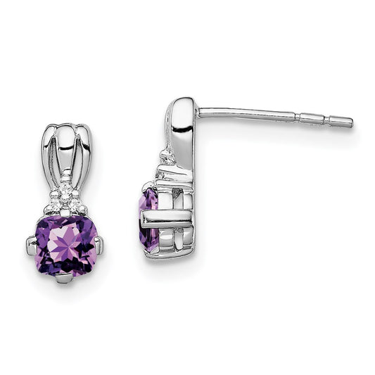 Sterling Silver Rhodium Plated Dia. Amethyst Round Post Earrings