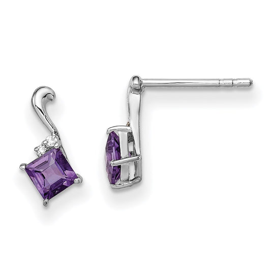 Sterling Silver Rhodium Plated Dia. u0026 Amethyst Square Post Earrings